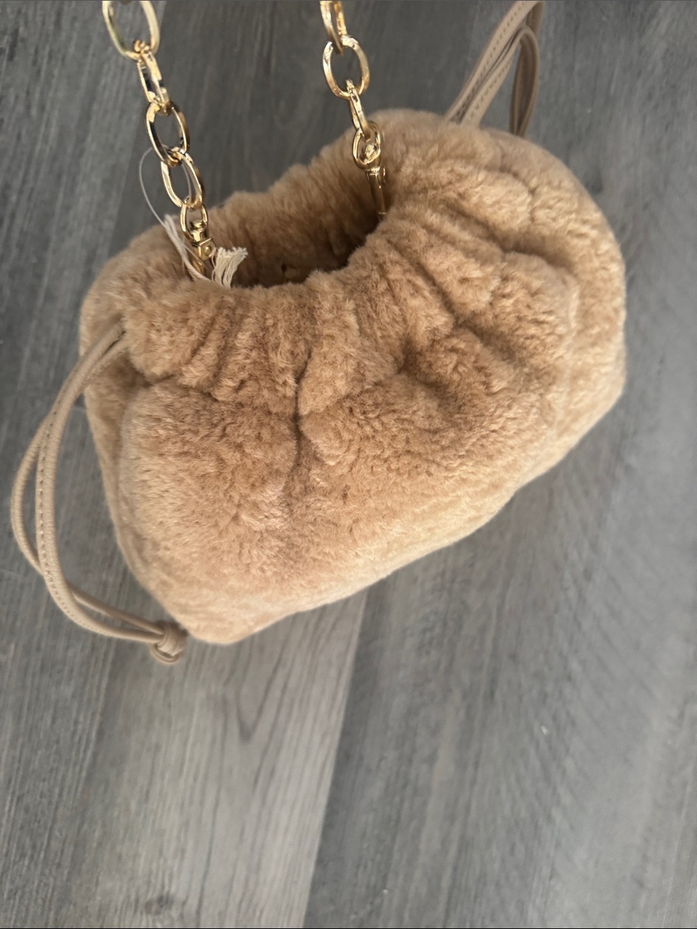 Universal Thread Faux Fur Mini Drawstring Bag with Detachable Gold Chain - Camel
